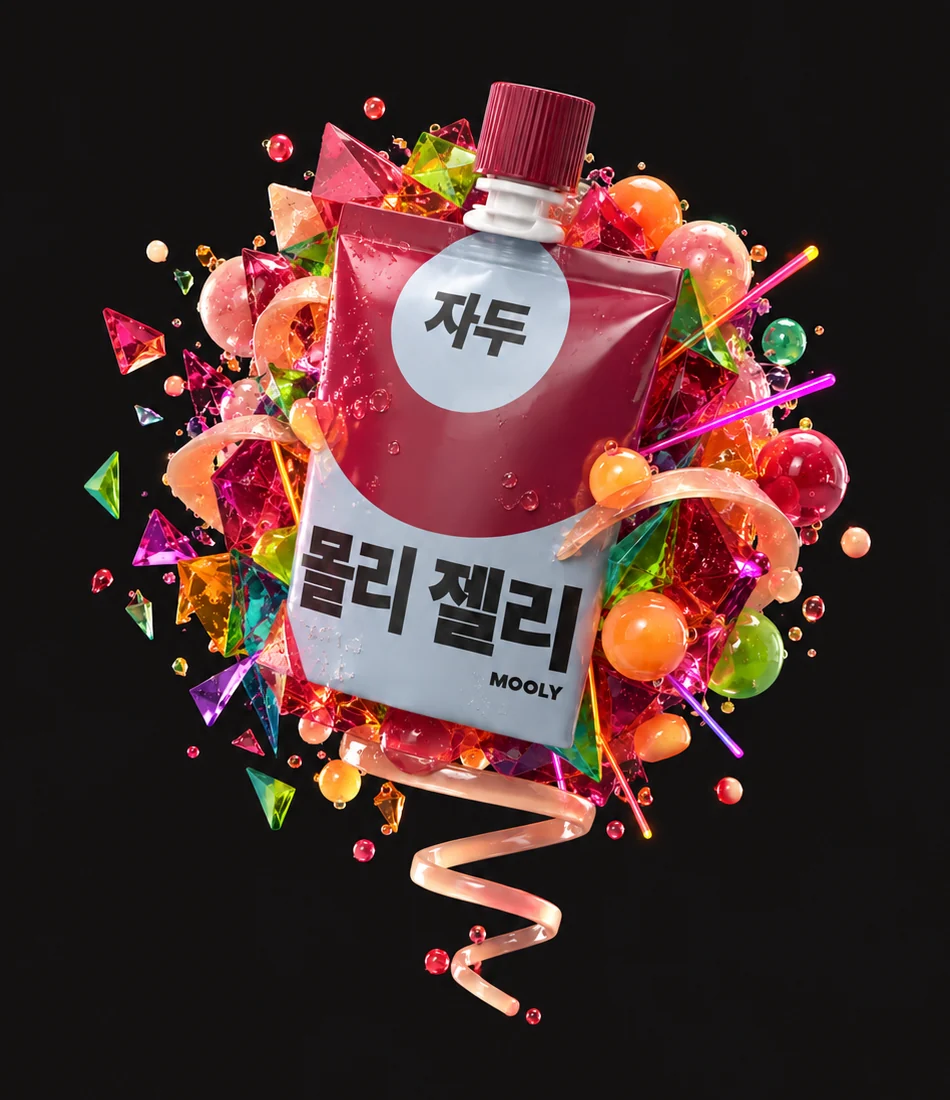 자두 맛 몰리 젤리 파우치가 붉은·초록·살구빛 젤리 방울 사이에 떠 있는 3D 렌더